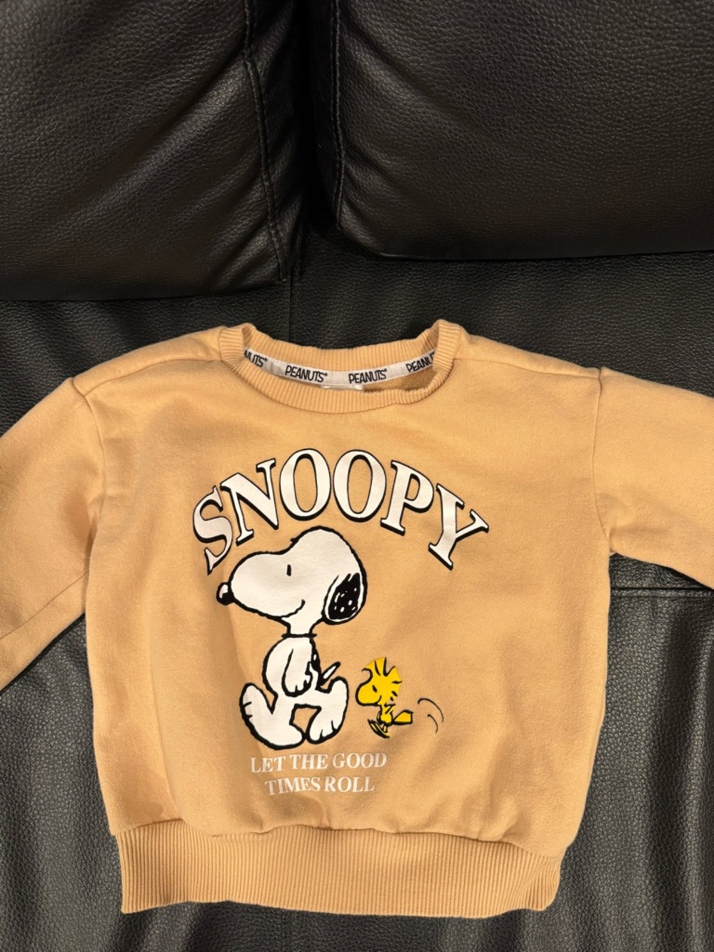 Peanuts Snoopy Sweatshirt in Tan with Yellow Woodstock Graphic